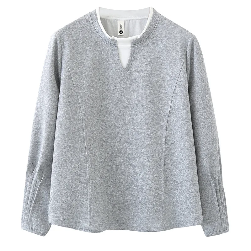 

Весенняя женская толстовка больших размеров 2026: имитация двухслойности, цветные блоки, плиссировка, длинный рукав, повседневный свитшот, топ 2526