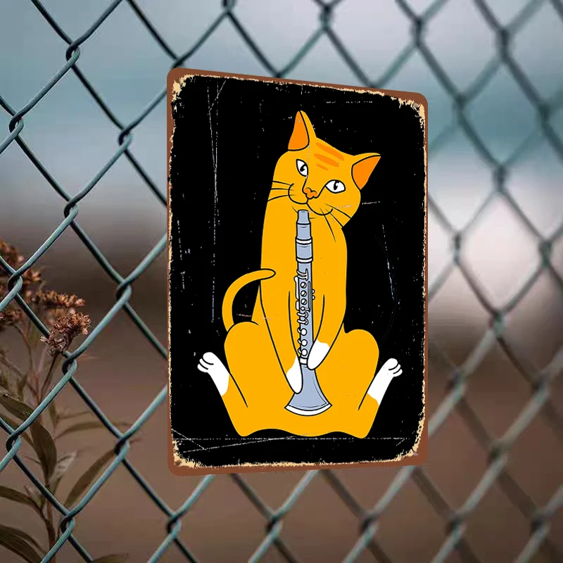 Cartoon Cat Playing Clarinet Creative Metal Wall Art Home Decor for Living Room Bedroom Study