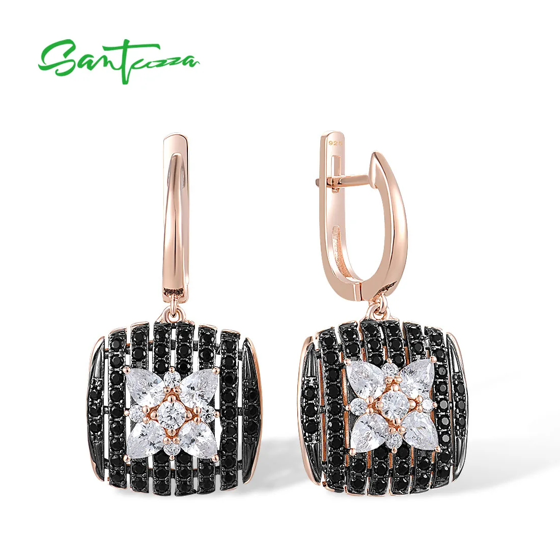 

SANTUZZA Pure 925 Sterling Silver Glimmer Earrings For Women Sparkling Black spinel White Cubic Zirco Cushion Star Fine Jewelry