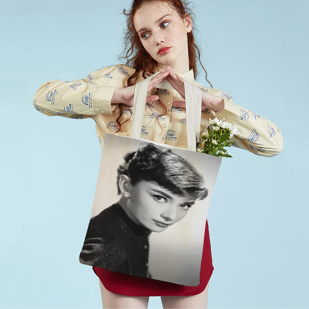 Elegant Audrey Hepburn Celebrity Retro Women Shopper Bags Casual Canvas Lady Shopping Bag Supermarket Travel Tote Handbag