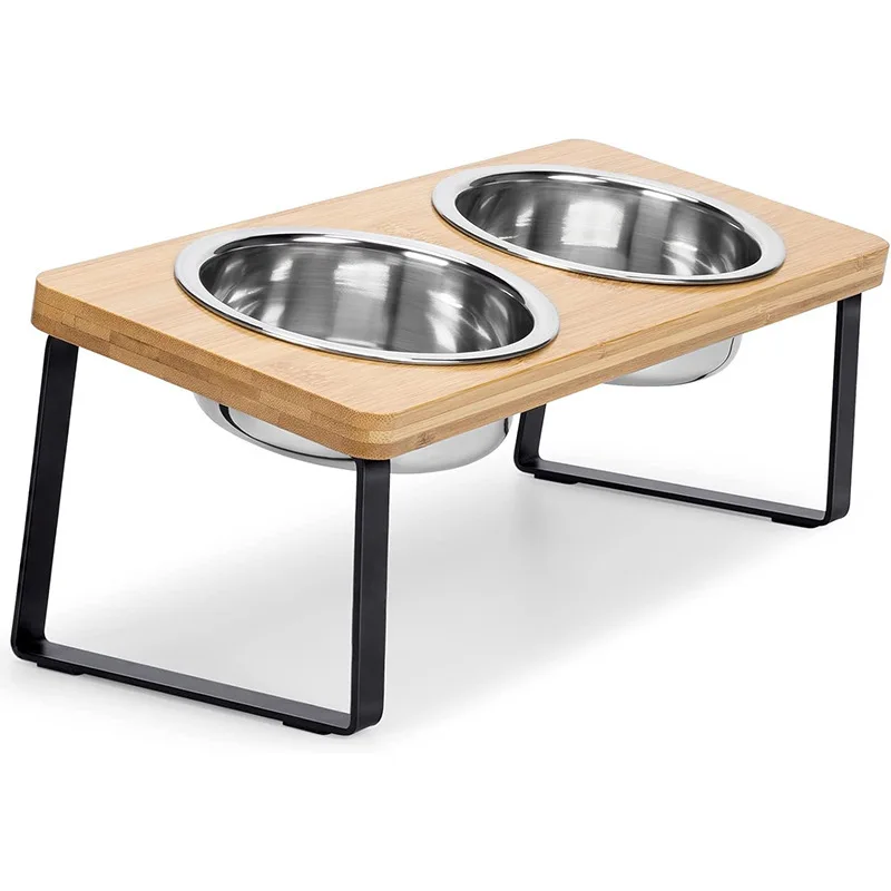 Stainless Steel Cat Dog Bowls with Creative Wooden Heightening Rack Bamboo Protective for Spine Automatic Feature for Food Water