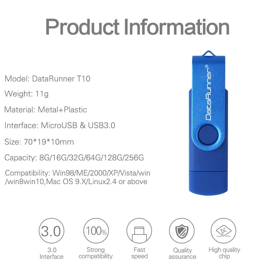 DataRunner-Clé USB OTG 128 pour micro-USB Android/tablette PC, support à mémoire de 16 Go 32 Go 64 Go 256 Go 3.0 Go