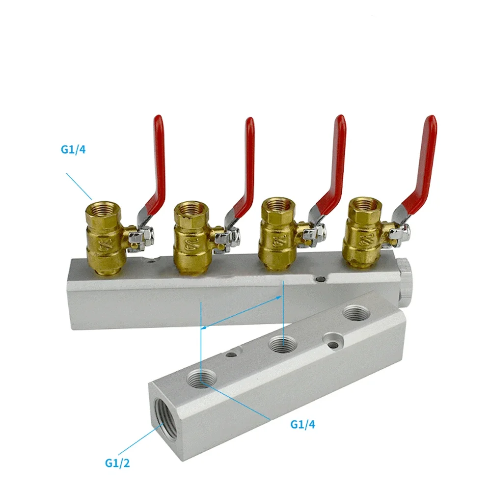 With Ball Vale 1/2“ BSP Female 30x30mm  2 3 4 5 6 7 8 9 10 12 Ways Solid Aluminum Air Manifold Block Splitter 45mm Spacing