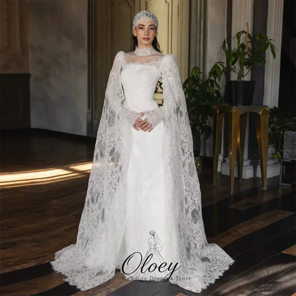 OLOEY Elegant High Neck Lace Sequin Bridal Gown Full Sleeve Cape A-Line Wedding Dresses For Woman Customized فساتين زفاف