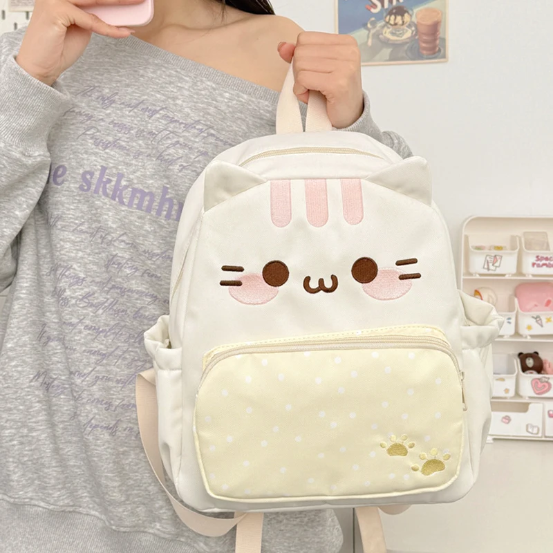 Girls Cute Cartoon Cat Backpack Polka Dot Decor Nylon Rucksack Lightweight Fashion Primary University Student Storage Schoolbag