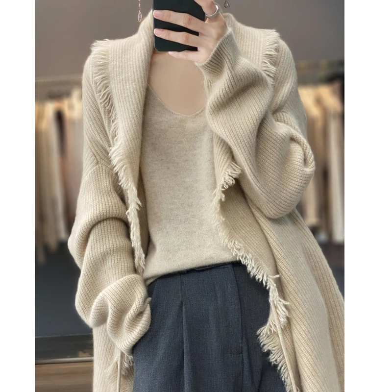 100% merino cashmere sweater women\'s sweater V-neck long sleeve solid color long loose coat cardigan women in autumn and winter