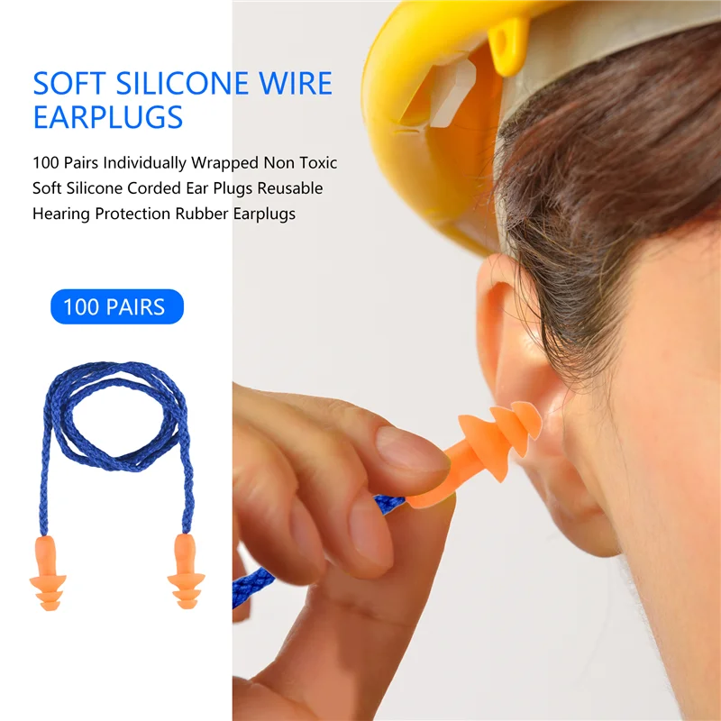

B24B 100 Pairs Individually Wrapped Non Toxic Soft Silicone Corded Ear Plugs Reusable Hearing Protection Rubber Earplugs