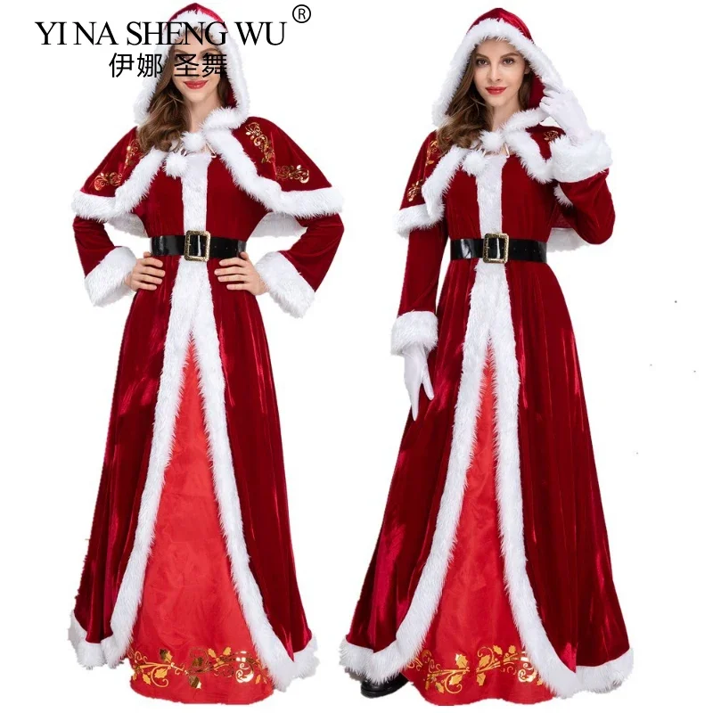 

Deluxe Classic Retro Mrs. Claus Christmas Costume Xmas Party Santa Claus Cosplay Costumes Long Sleeve Women Red Dress Shawl Set