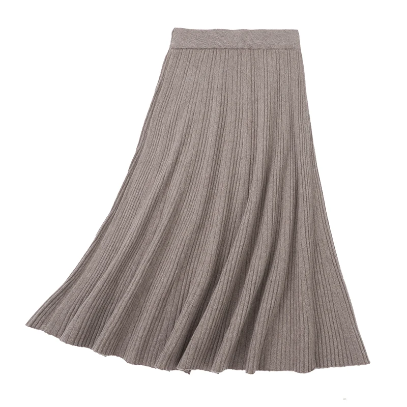 Autumn Winter Women's 100% Merino Wool Short Skirts Mid-calf Classic High Waisted Full Skirt Soild Knitted Soft Fashion Dress