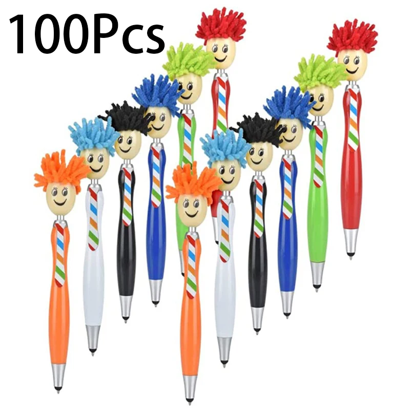 100Pcs Mop Head Pens Mophead Ballpoint Pens Plush Hair Mop Head Ink Pens Funny Doll Writing Click Pen for Kids