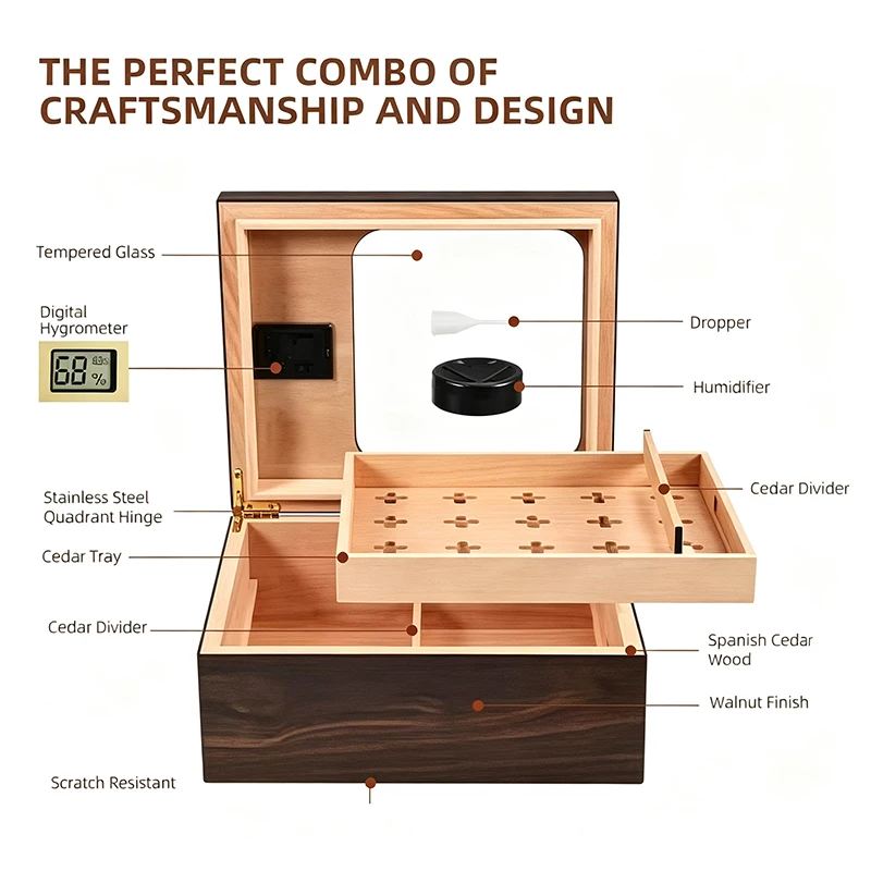 Cigar Humidor Cedar Wood Shelves Case Box Storage Cigars Window Perspective with Hygrometer Humidifier Fit 55pcs Cigars CA-24GI1