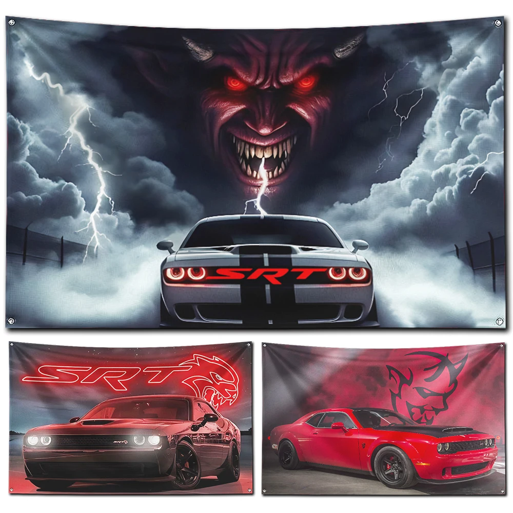 60x90cm SRT Hellcat Demon Dodge Challenger Flag Polyester Digital Printing Banner for Garage Wall Art Out Door Decoration