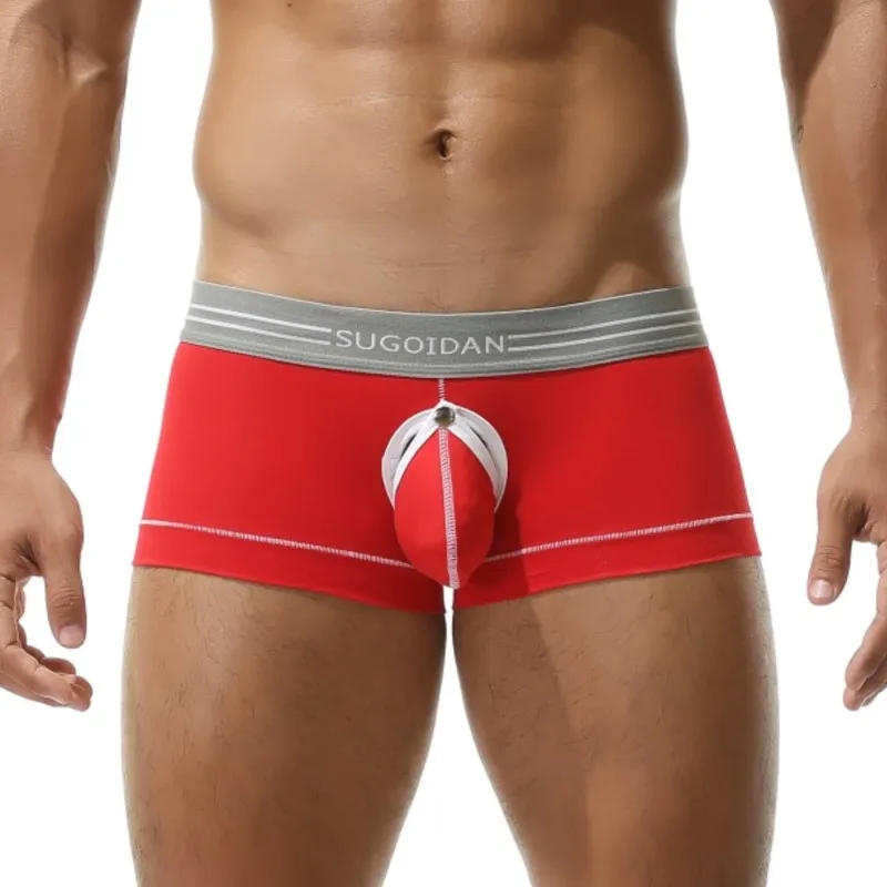 Men Detachable Metal Snap Pouch Cotton Boxer Briefs Removable U Bulge Lift Support Contrast Piping Striped Sexy Dual Underwear