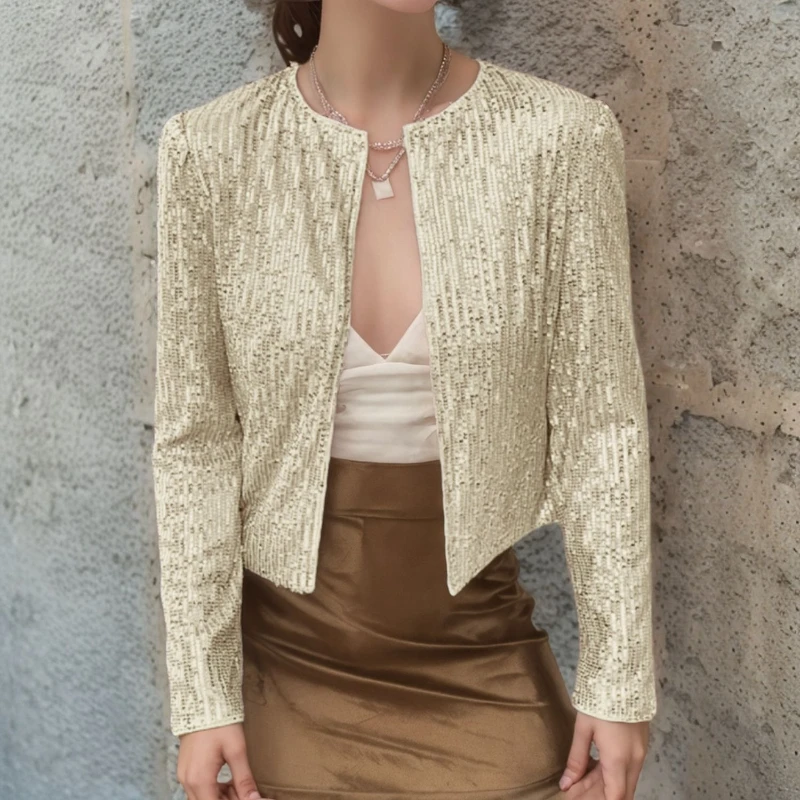 

Spring Cross-border Explosion Round Neck Long Sleeve Solid Color Cardigan Casual Versatile Sequined Jacket Women Beautiful