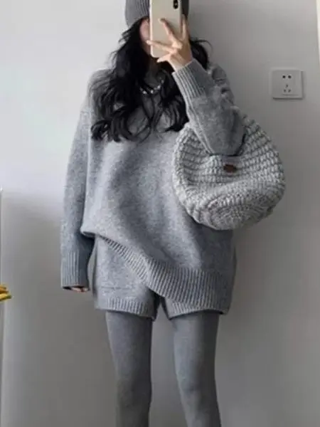 

Свободный женский вязаный комплект из двух предметов: свитер с круглым вырезом и брюки, повседневный, удобный, осенне-зимний, модный, стройнящий образ