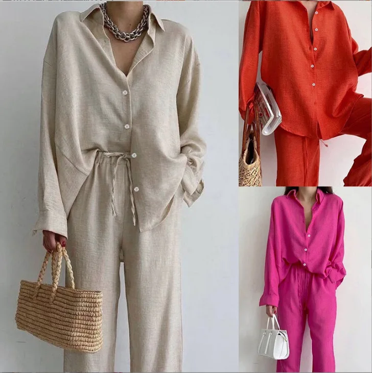 Casual Suit 2 Piece Sets Long Sleeve New Long Pant Sets Two Piece Set For Women Summer Pocket Loose Shirt Outfit Vintage Clothes