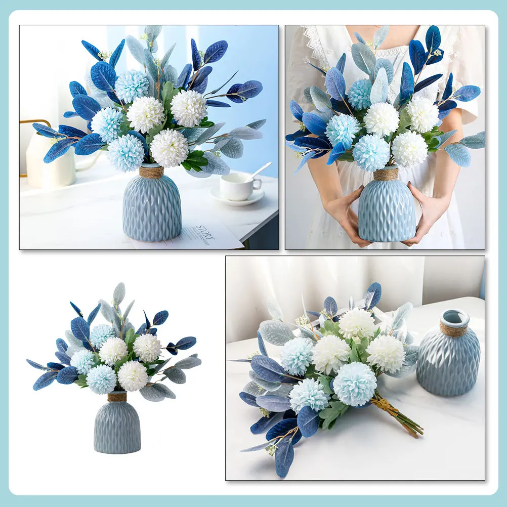 

1Set Blue Ceramic Vase Artificial Hydrangea Fake Flower Bouquet Wedding Home Decoration Simulation Flower Prop Festival