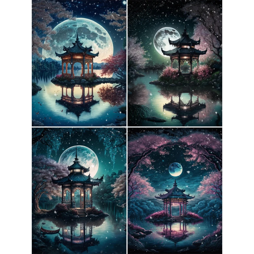 5D DIY Diamond Painting Moon and Lake Pavilion Mosaic Embroidery Full Drill Cross Stitch Rhinestones Home Decor