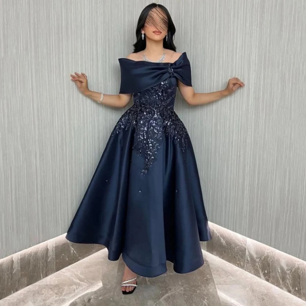 

Customized Navy Blue A-line Flower Appliques Satin Evening Dress Draped Off the Shoulder Sleeveless Ankle Length Party Prom Gown