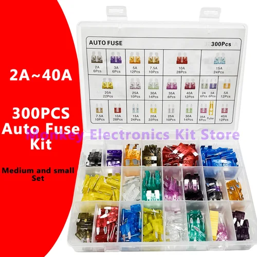 1 Juego de 300 Uds. Kit de fusibles para coche mediano y pequeño 2A ~ 40A 11 tipos surtido de fusibles para coche con caja tipo hoja Kit surtido de fusibles