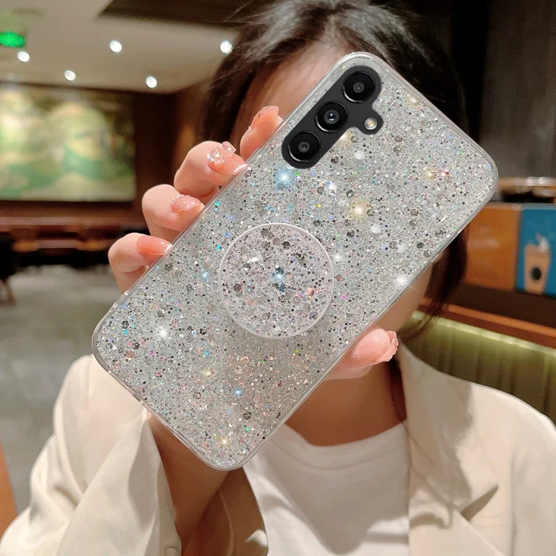 Shiny Glitter Gypsophila phone holder Case For Samsung Galaxy A15 A25 A35 A55 5G Bling Gold Silver Foil Silicone Cover