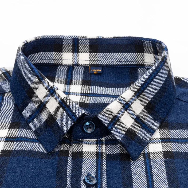 Mens 100% Cotton Brushed Long Sleeve Plaid Check Shirts Single Pocket Soft Comfortable Casual Fashion Standard Fit Button Shirts