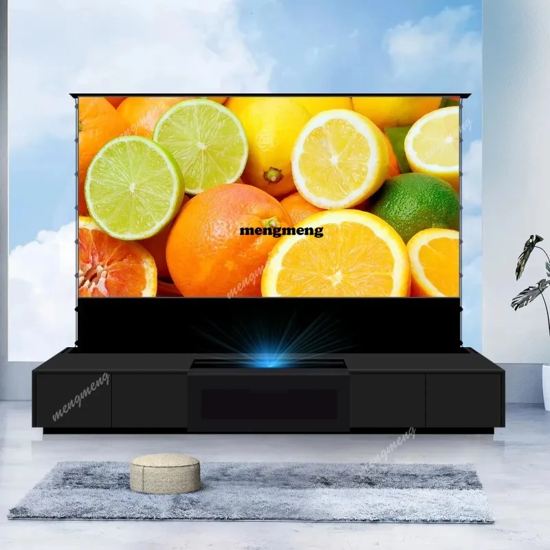 120'' Black Smart Laser TV Cabinet +UST ALR Projector Screen Motorized Floor Rising Screen for Ultra Short Throw Laser Projector