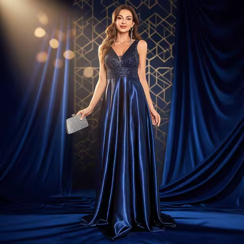Elegant Sequins Evening Dress For Women 2024 Deep V-neck Satin Prom Party Green Dress Floor Length Blue Formal Gowns