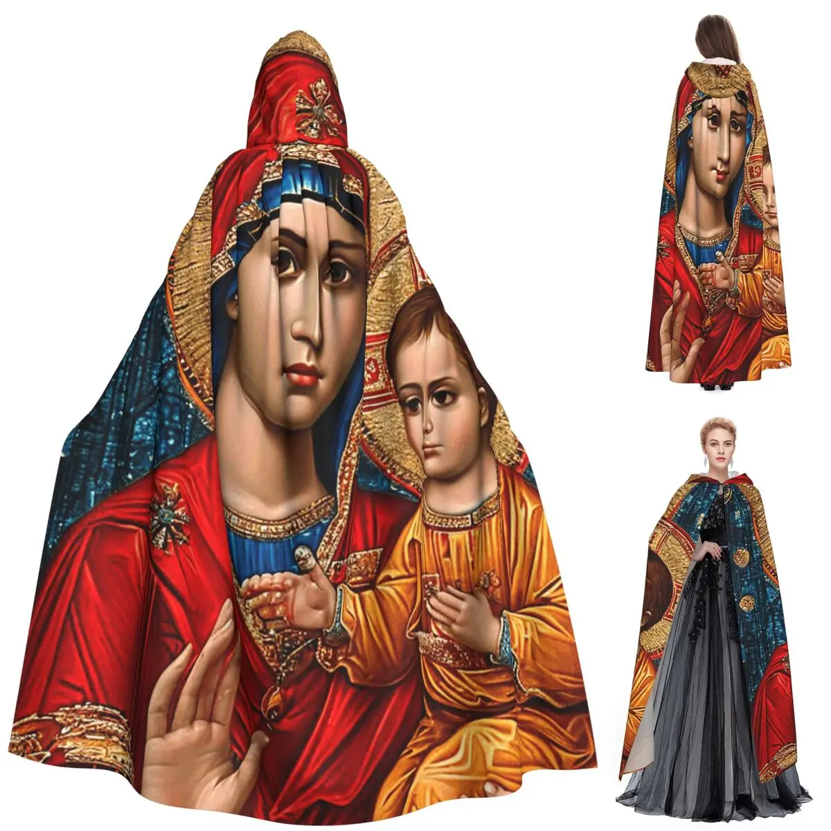 เสื้อคลุมยาวแบบมีฮู้ดสไตล์ยุโรปตะวันออก ลายพระแม่มารี สำหรับคอสเพลย์แม่มดยุคกลาง เสื้อคลุมฮาโลวีน สำหรับผู้ใหญ่ แบบ unisex