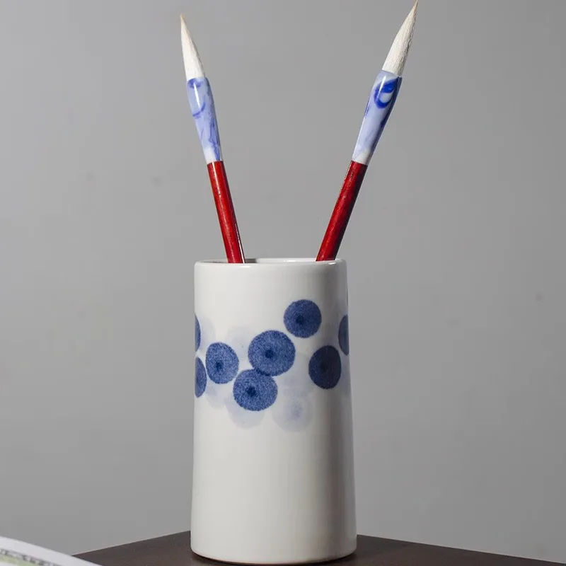 Chinese Style Ceramic Brush Holder - Calligraphy Pen Organizer, Oriental Desk Decor for Office/Study, Art  Accessory