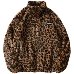 2024 Winter New Retro Leopard Print Trendy Brand Plush Stand Collar Long Sleeve Versatile European American Style Couple Jacket