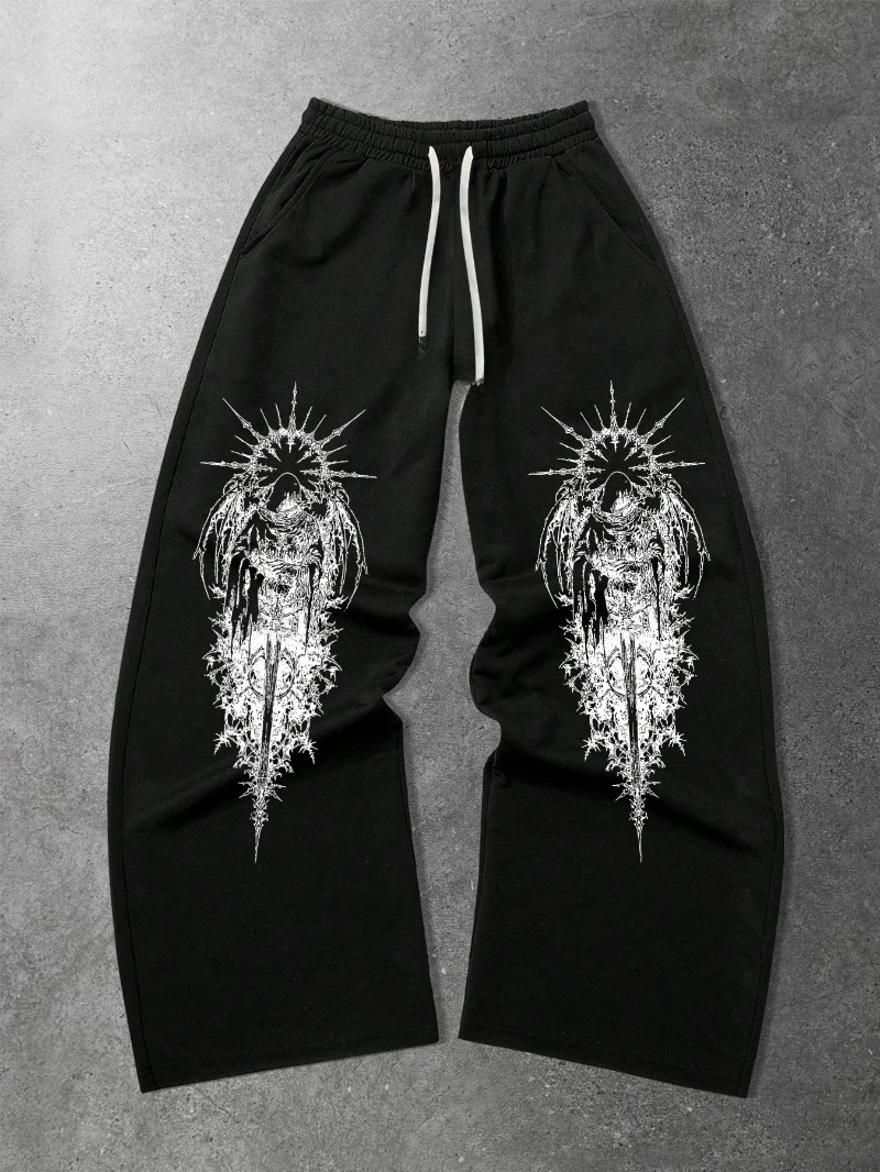 

Men's Gothic Dark Angel Tattoo Pants - Loose-Fit Straight-Leg Casual Trousers with Dark Angel Tattoo Design, All-Season