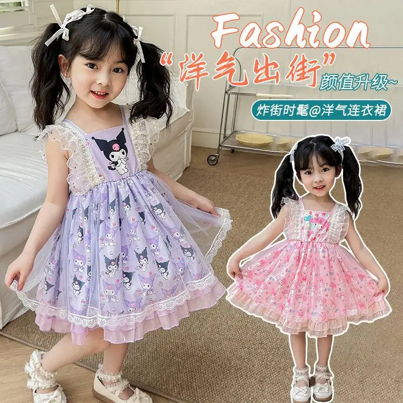 

Sanrios Girls Dress Kuromi Summer Cute Children Princess Dress Fashionable Flying Baby Sleeveless Casual Loose Beautiful Skirt