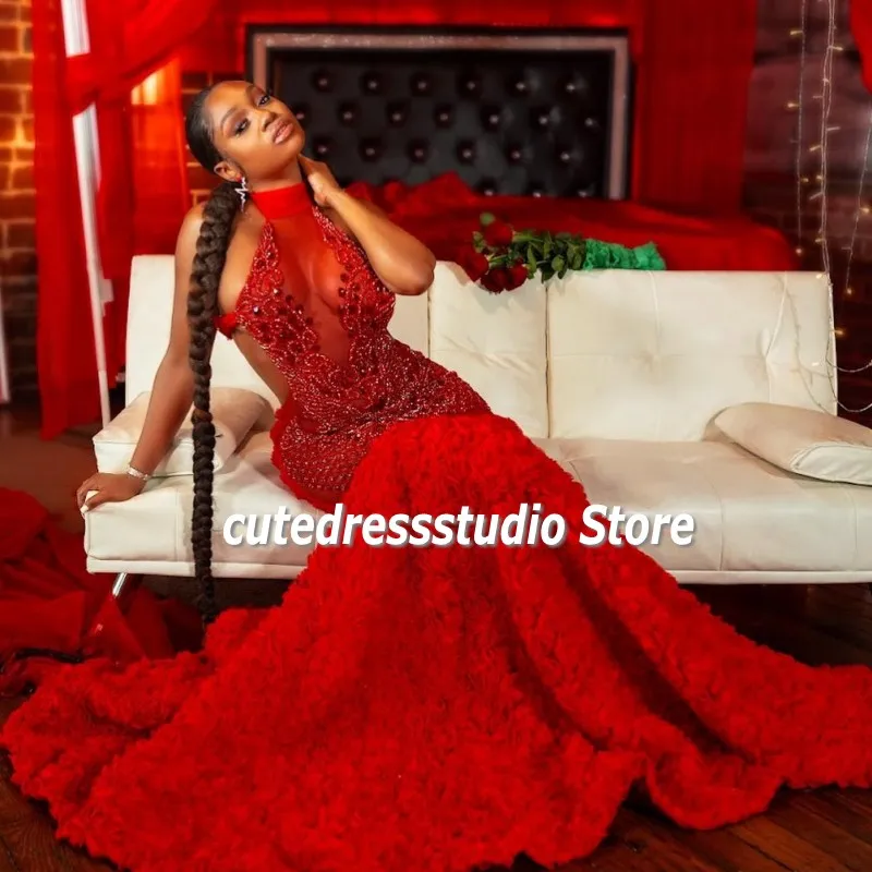 Maxi Red Prom Dress For Black Girl Luxury African Women Pageant Gowns High Neck Backless Beading Vestido De Graduación