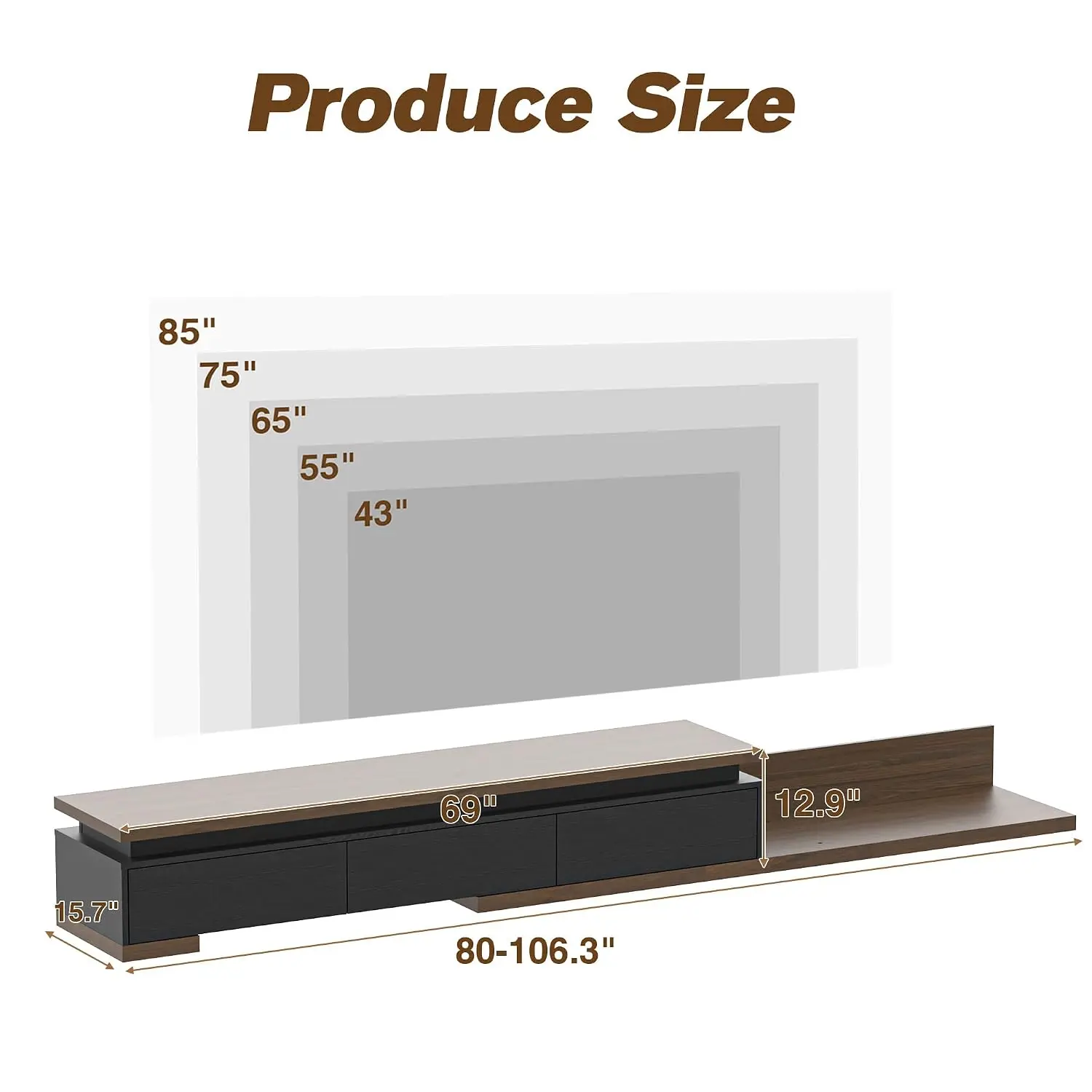 Extendable TV Stand with LED Lights (80” - 106”), Wood Entertainment Center for Up to 120