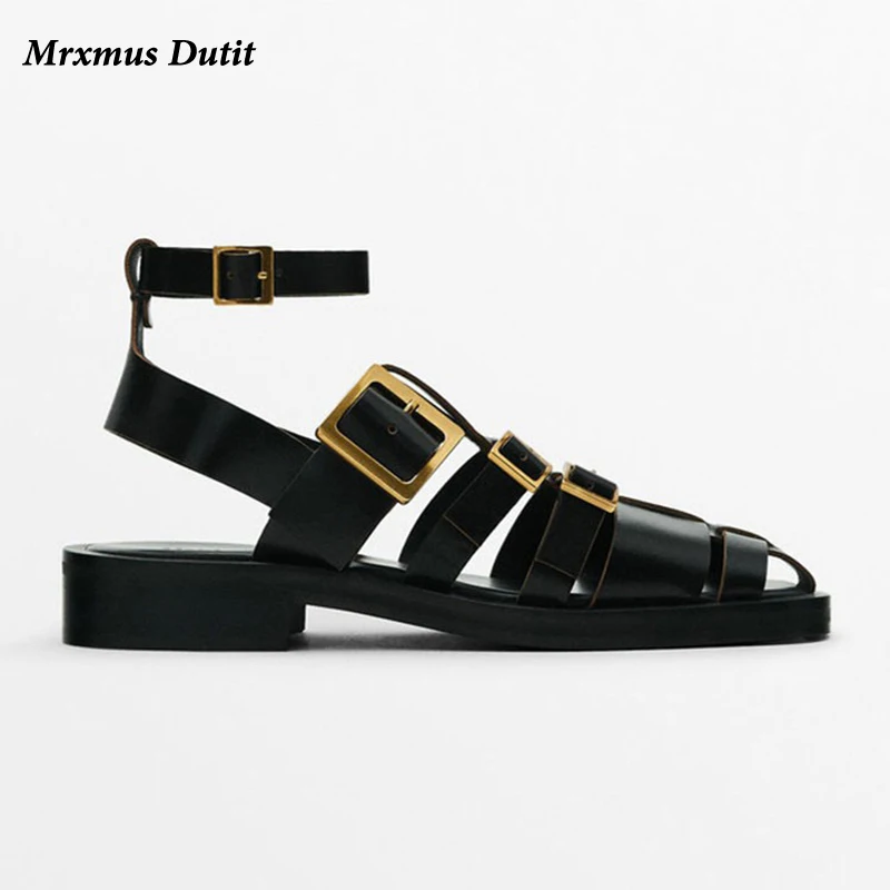 Mrxmus Dutit 2023 New Spring Summer Women Fashion Genuine Leather Flat Sandals Shoes Simple Elegant Casual Roman Shoes Female