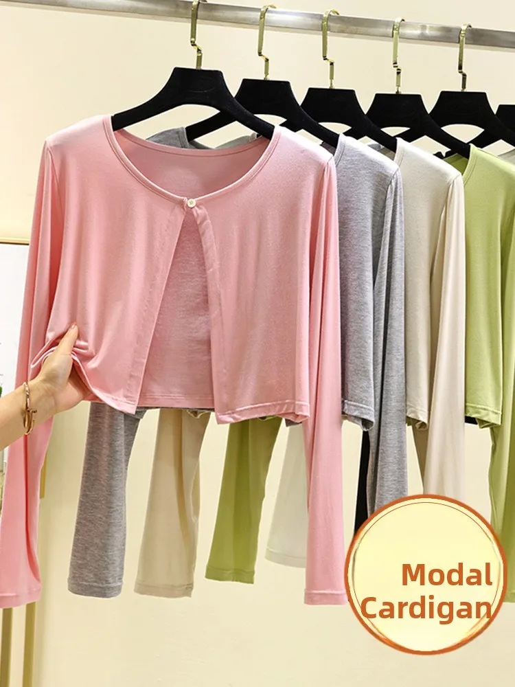 Modal Thin Short Outerwear Women's Long Sleeve Open Cardigan Top plus Size Slimming with Strap Buttoned Shawl Casual Style