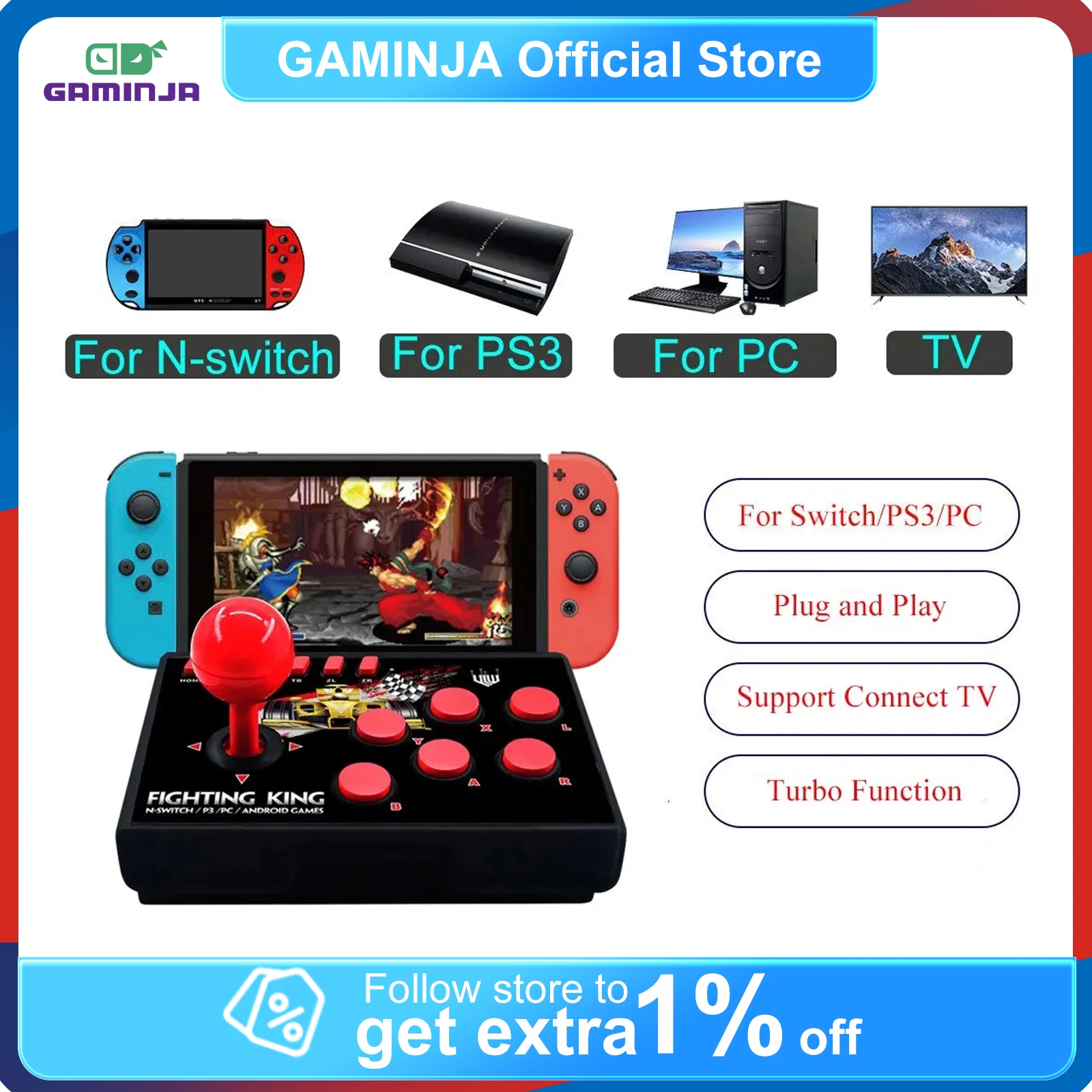 GAMINJA NS007 Arcade Game Console Joystick Rocker Fighting Controller With Charging Port For Nintendo Switch Android TV PS3 PC