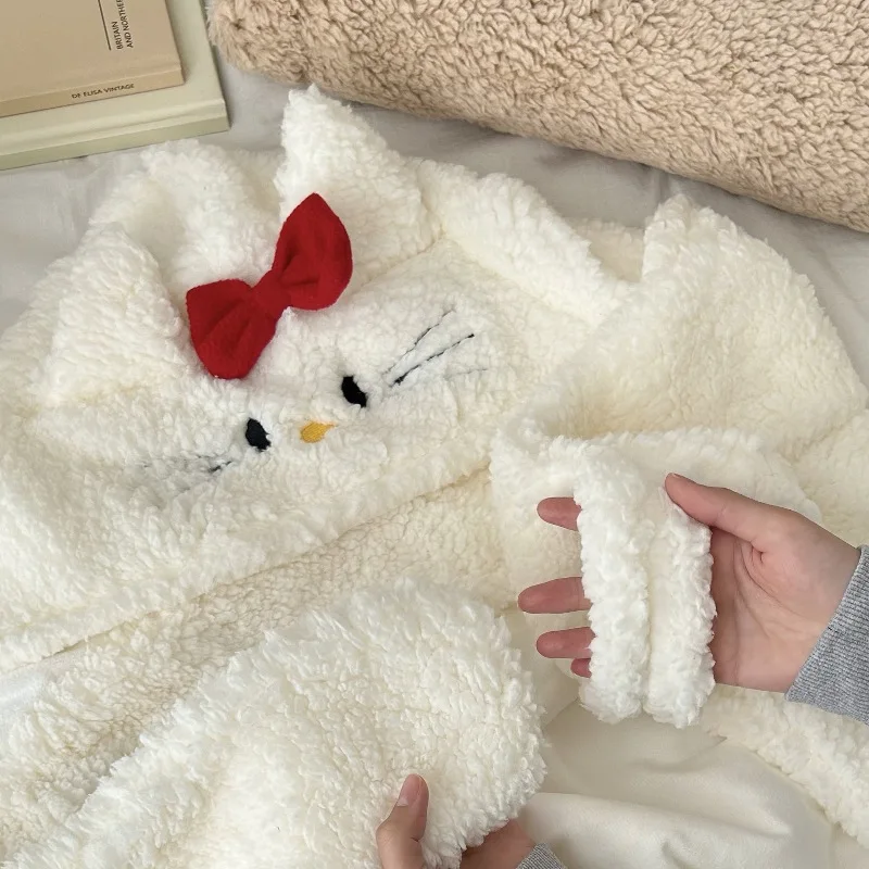 بطانية بقلنسوة على شكل قطة كرتونية للبالغين، بطانية صوف دافئة يمكن ارتداؤها، رأس مريح لقيلولة الأريكة والسفر