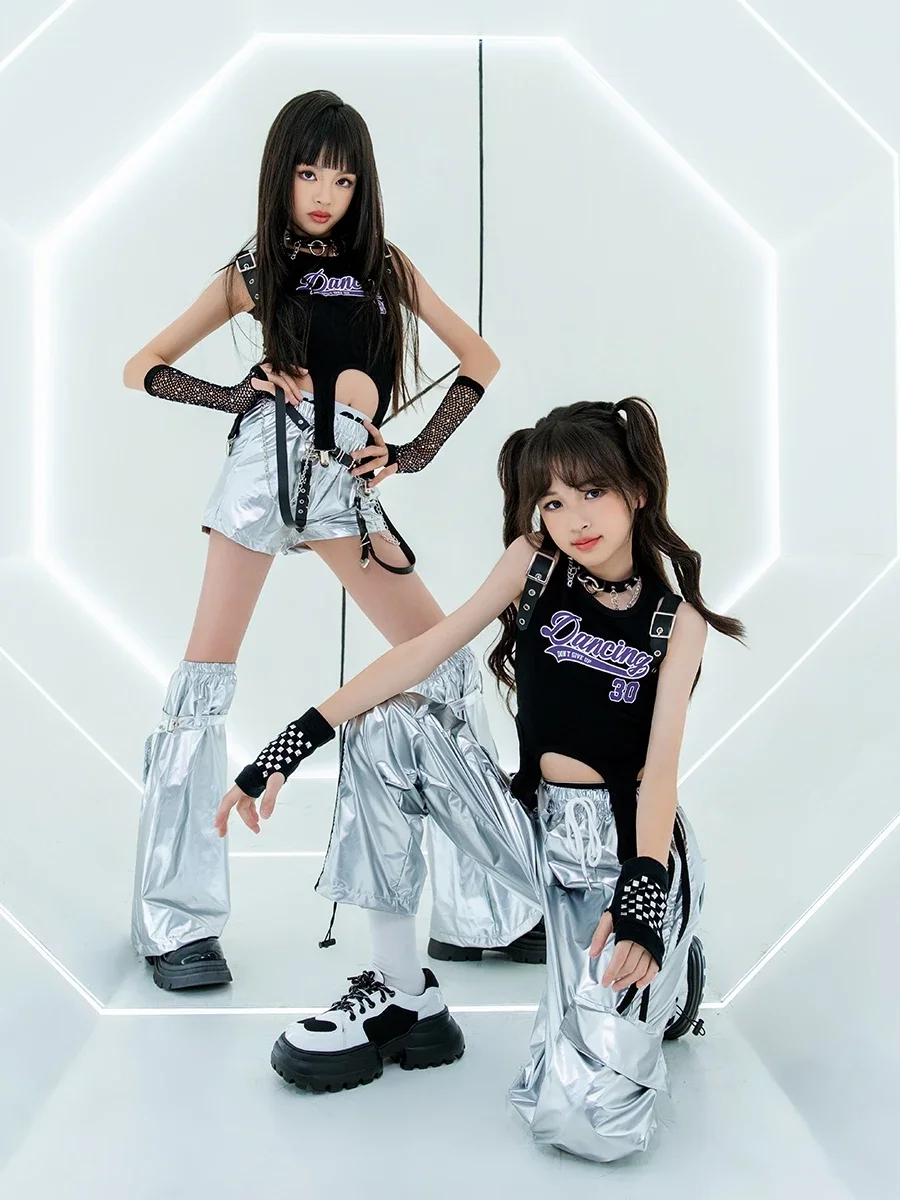 

Girls Black Vest Sliver Pants Streetwear Kids Jazz Performance Stage Wear Children‘S Day Hip Hop Dance Costumes