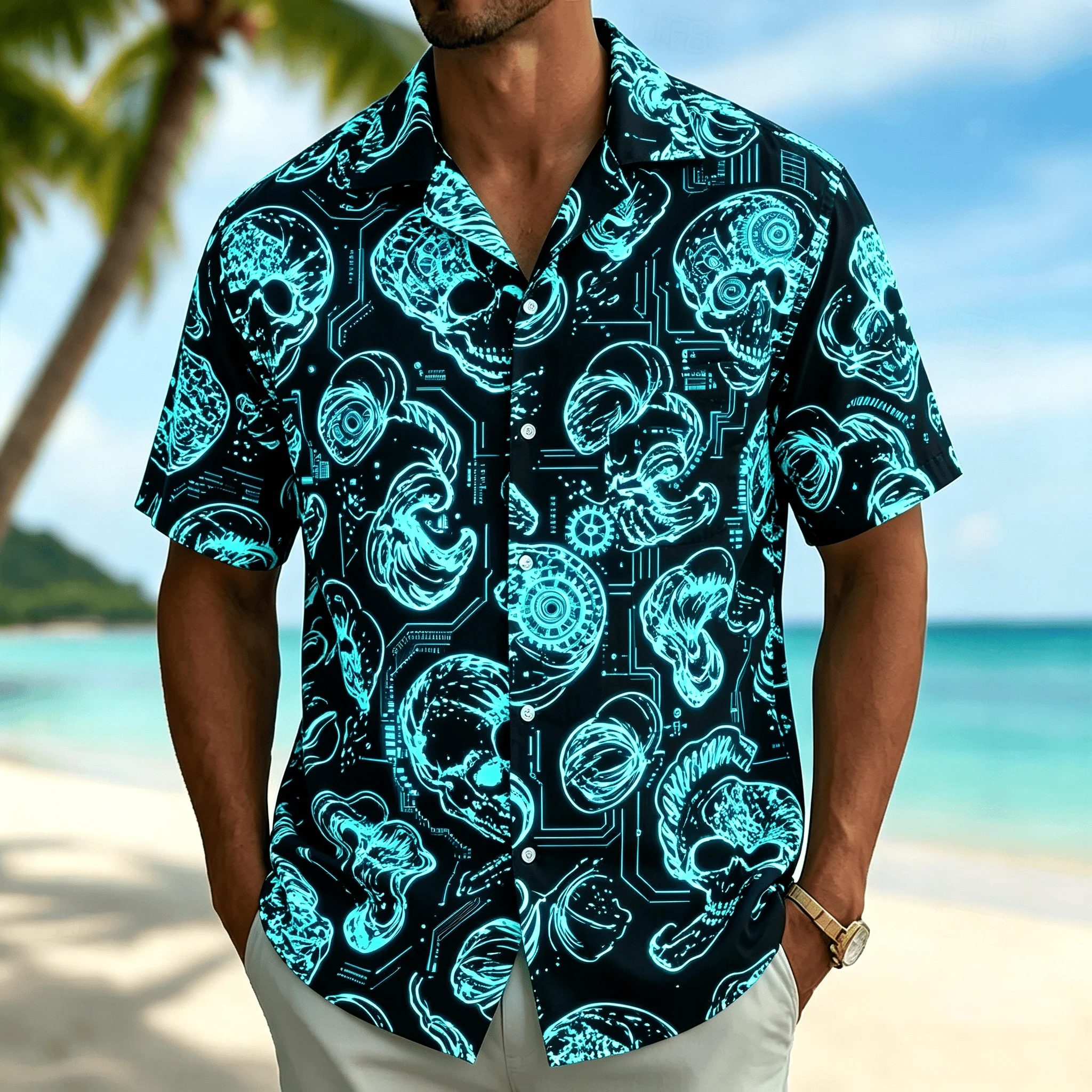 

Men's Hawaiian Cyber Skull Print Button Up Shirt, Design Short Sleeve Casual Top, Beach Vacation Wear for Spring & Summer