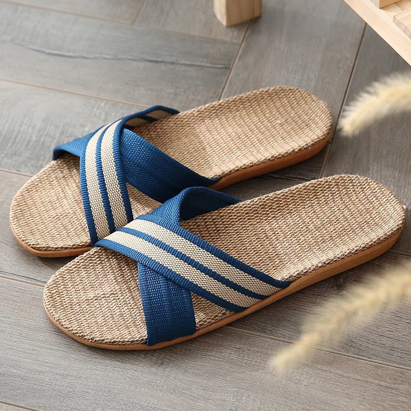 Men Shoes Slippers Linen Home Indoor Open Toe Flat Shoe Beach Slippers Striped Spliced Rubber Sandals Zapatillas Hombre