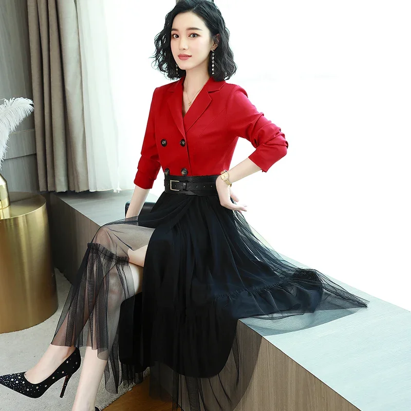 Lace mesh stitching dress 2018 autumn new Korean slim stylish long sleeve long Hong Kong style skirt