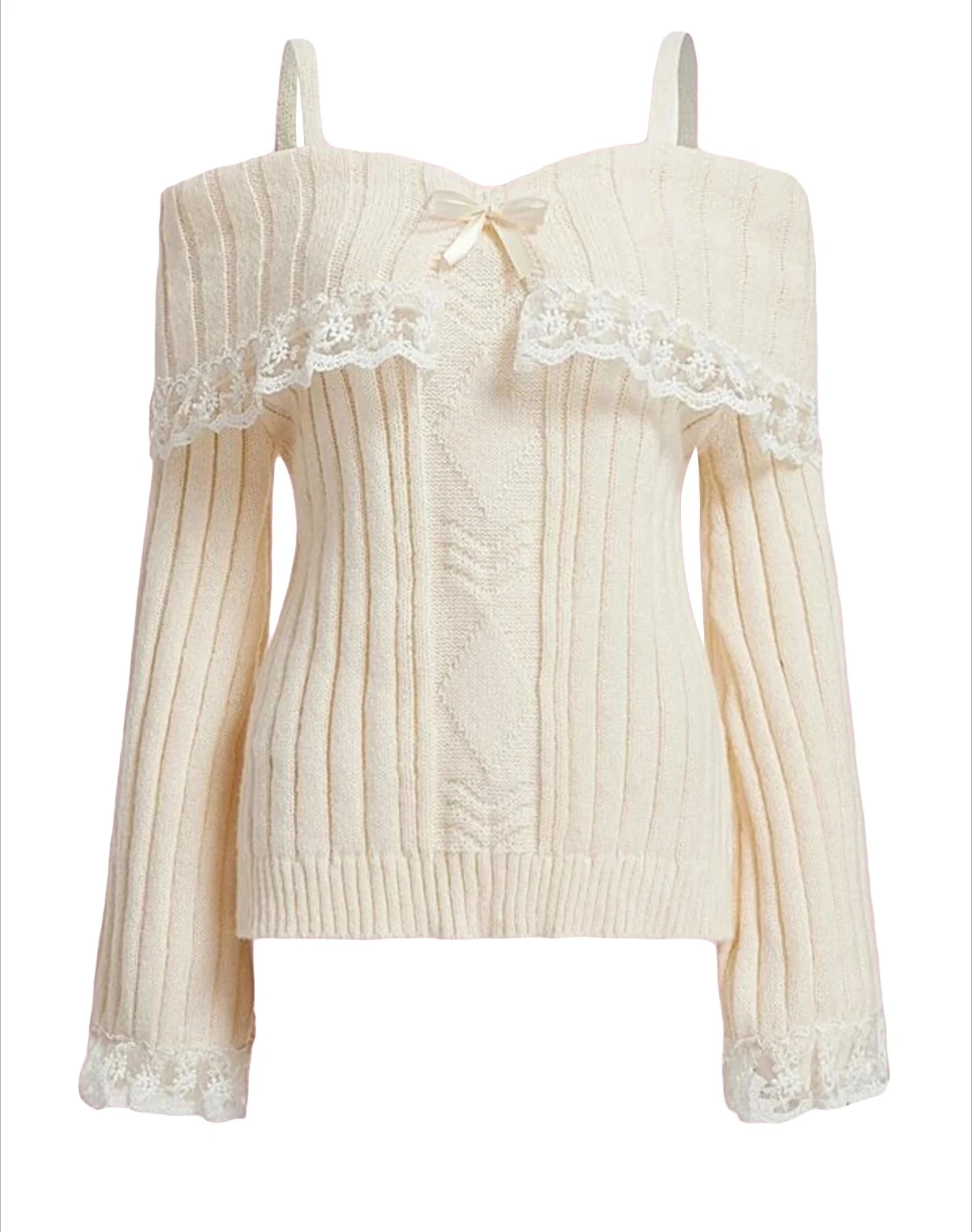

Women's Cold Shoulder Sweaters Long Sleeve Lace Trim Knit Pullovers Bow Front Jumpers Tops Fall Winter Clothes