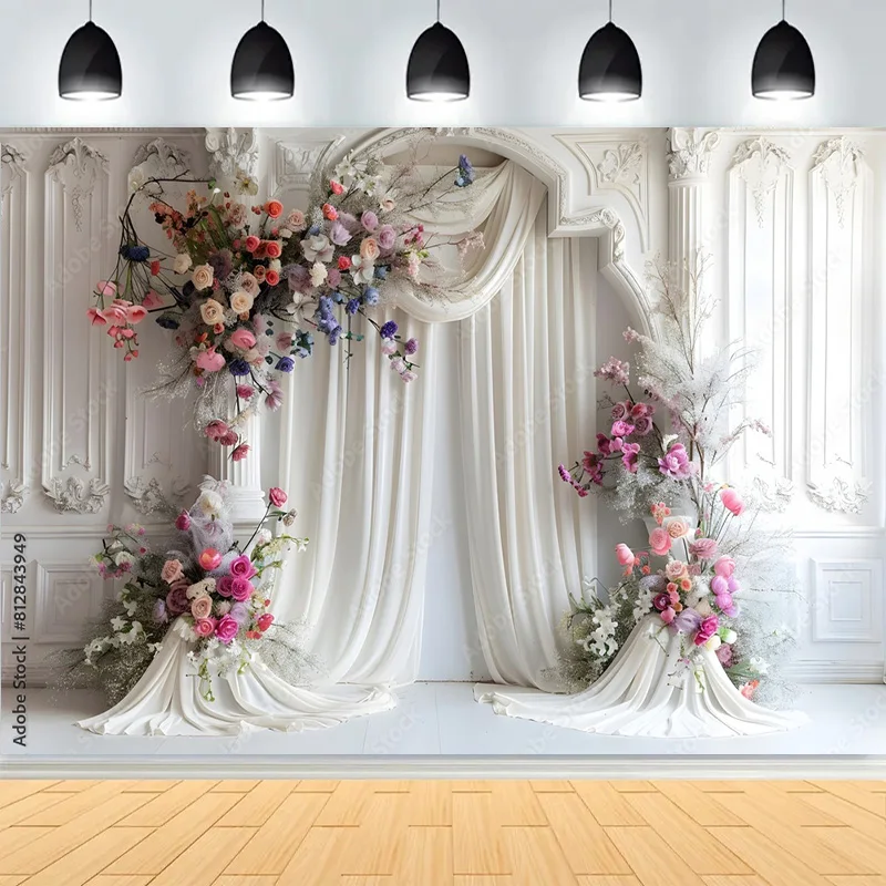 

French-inspired Indoor Floral Arch Photography Backdrops Beautiful Luxurious Wedding White Room With Flowers Background HL-01