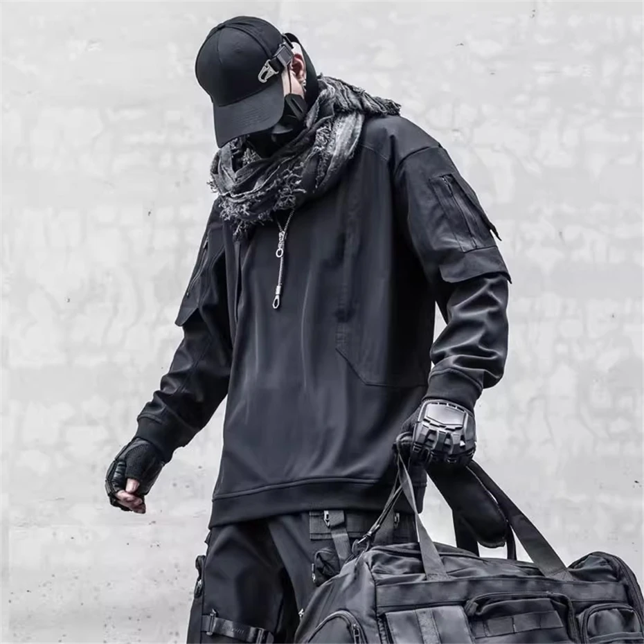 Tactical Fleece Sweatshirts Men Streetwear Hip Hop Punk Patchwork Pullover Oversized Harajuku Function Sweatshirt Male Techwear