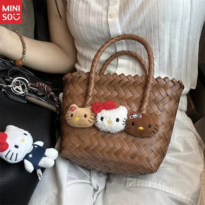 Miniso Hello Kitty Retro Woven Handbag, Fake Rattan Basket Purse for Beach Gift & Daily Use