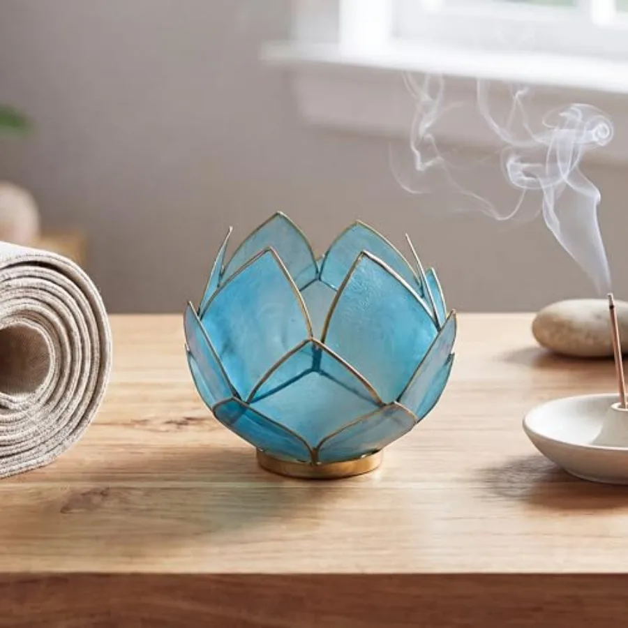 Blooming Lotus Capiz Shell Tealight Candle Holder, Handcrafted Decorative Tea Light Candleholder with Translucent Flower Petals