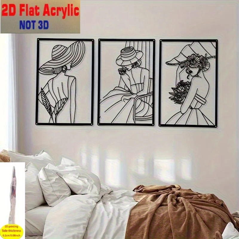 2D Flat, 2D Flat, 2D Flat Printing, 3pcs Acrylic Abstract Female Wall Art - Minimalist Line Drawing Black And White Silhouette,