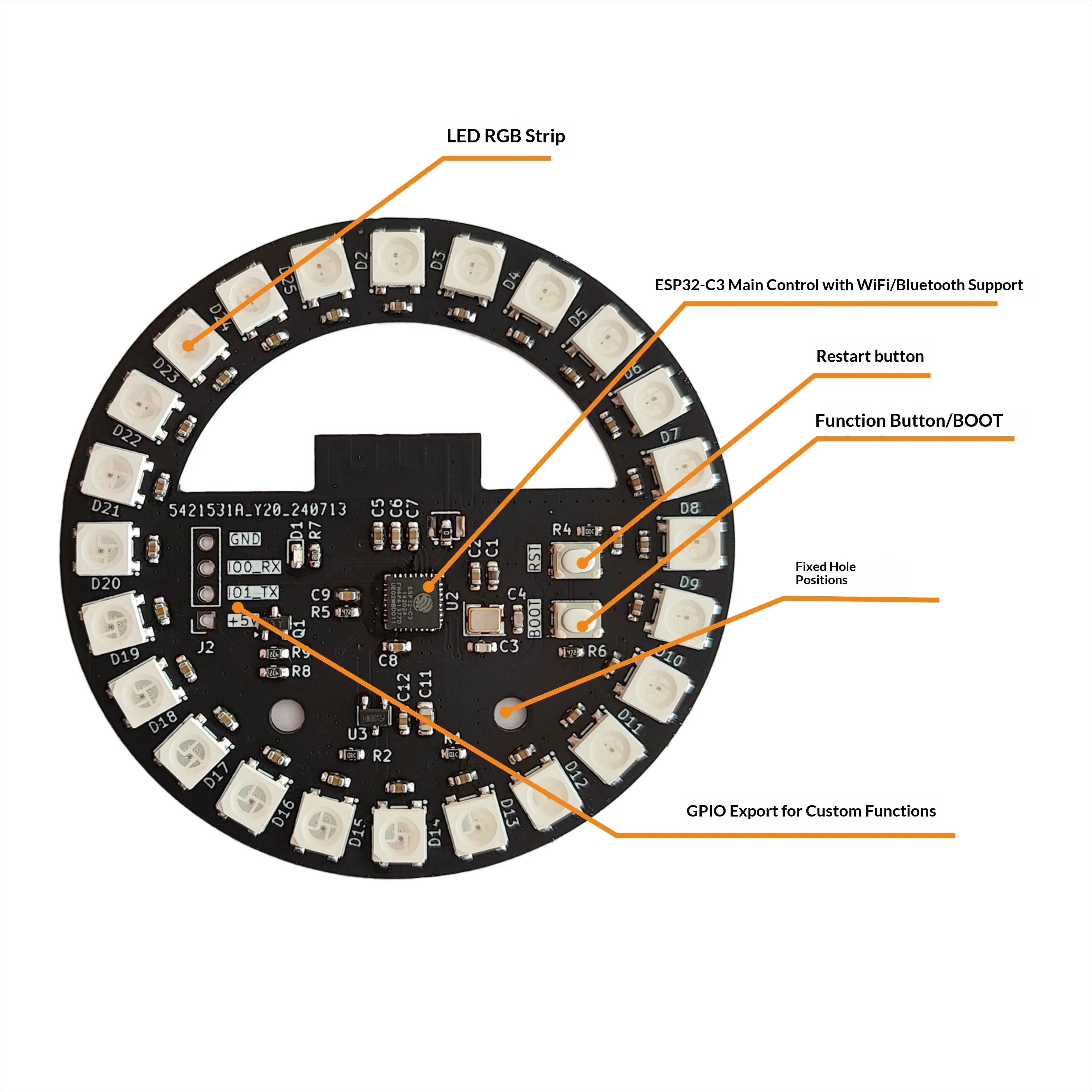 ESP32-C3 Development Board WS2812B RGB Ring Light 24 LED 5 Light Effects Type-C 5V Atmosphere Light with Source Code